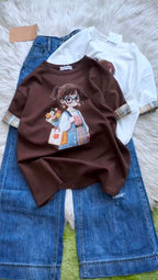 Women's Cartoon Graphic T-Shirt & Denim Culotte Set