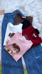 Women's Cartoon Graphic T-Shirt & Denim Culotte Set
