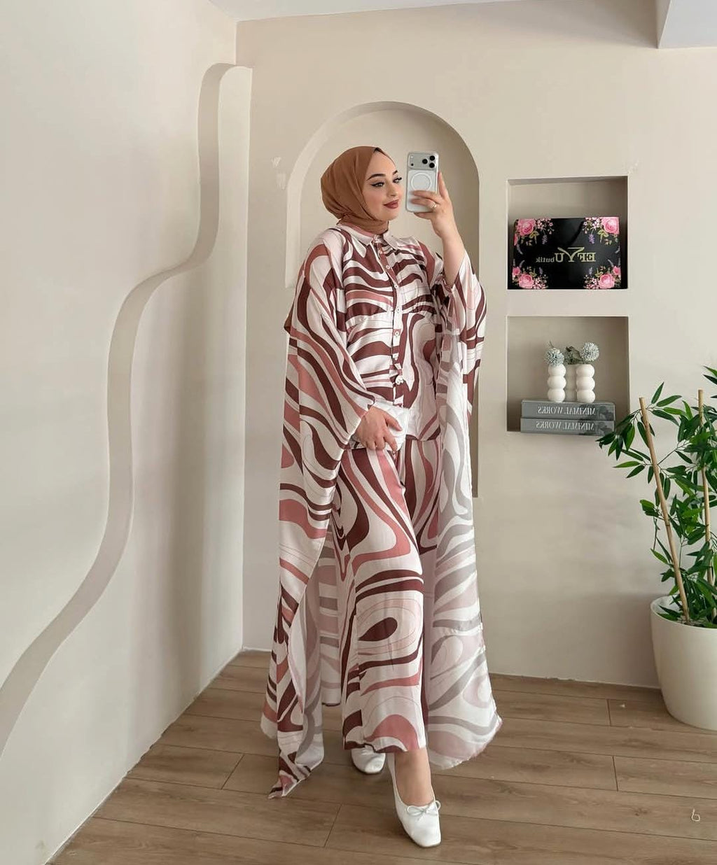 3Pcs Printed Co-Ord Set with Flowing Cape for Women