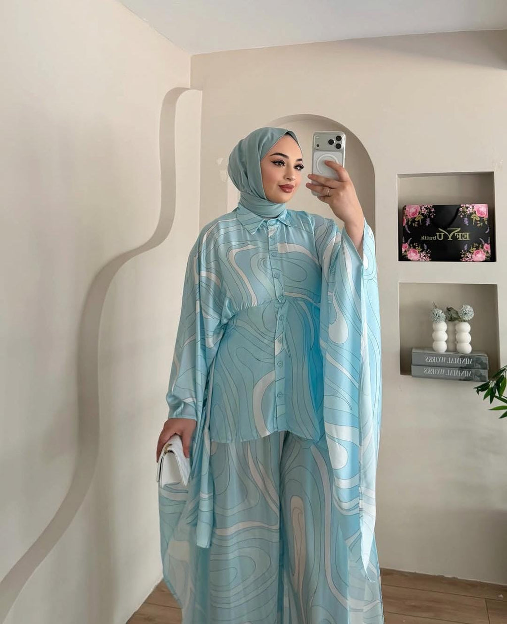 3Pcs Printed Co-Ord Set with Flowing Cape for Women