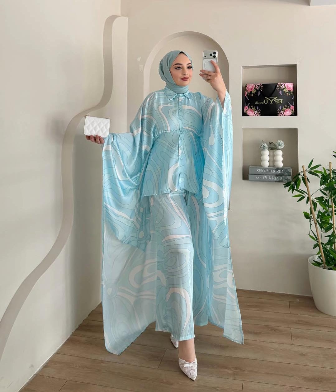 3Pcs Printed Co-Ord Set with Flowing Cape for Women