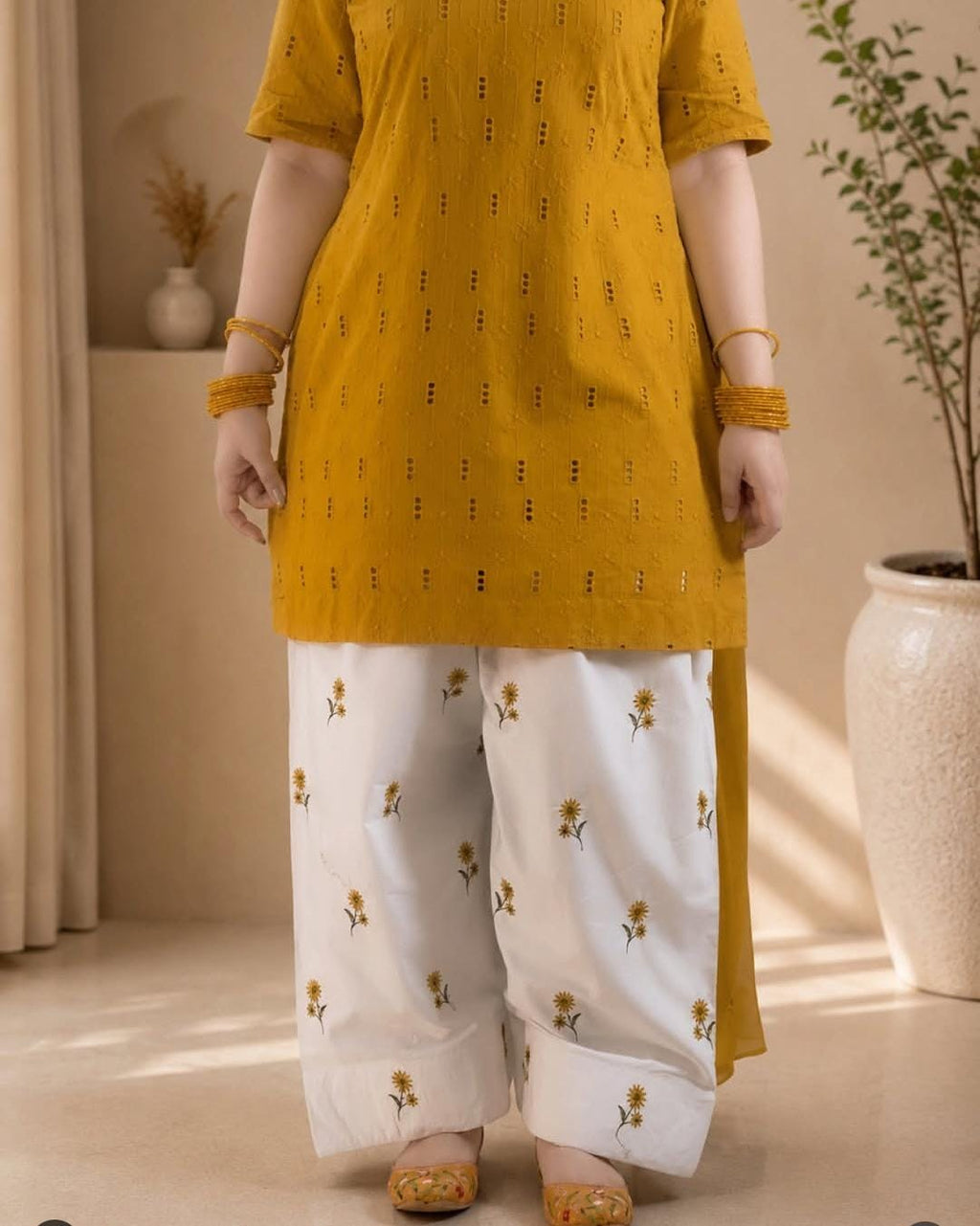 3pcs Cotton Lawn Embroidered Suit with Printed Trouser Chiffon Dupatta