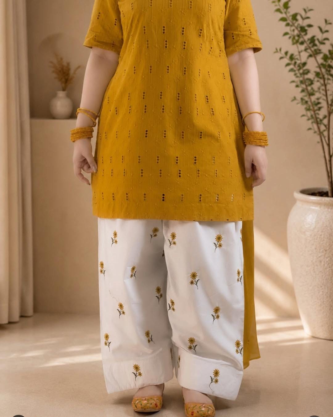 3pcs Cotton Lawn Embroidered Suit with Printed Trouser Chiffon Dupatta