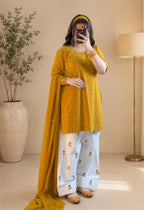 3pcs Cotton Lawn Embroidered Suit with Printed Trouser Chiffon Dupatta