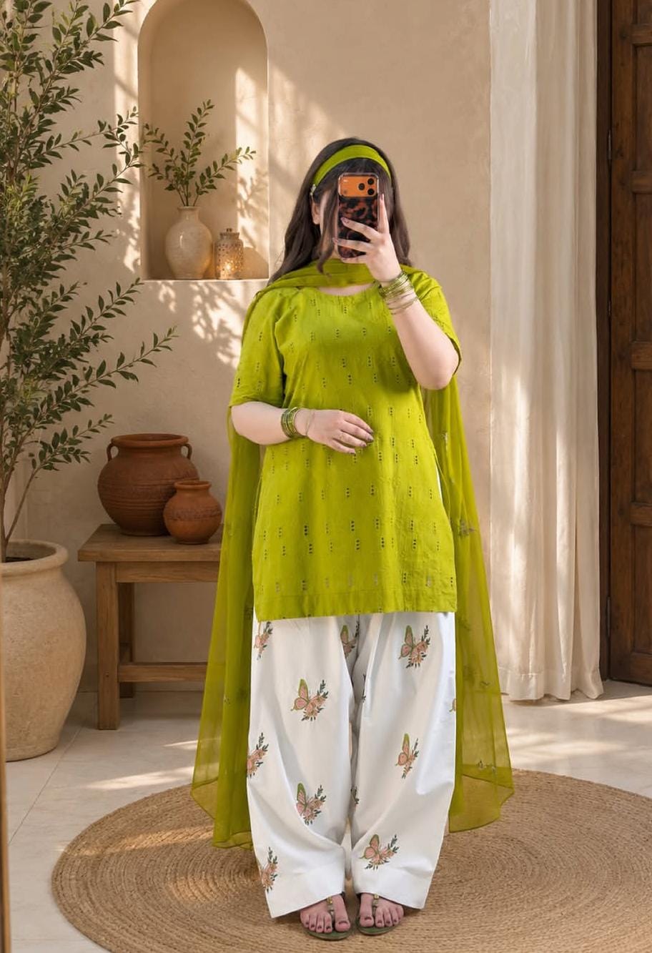 3pcs Cotton Lawn Embroidered Suit with Printed Trouser Chiffon Dupatta