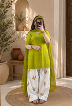3pcs Cotton Lawn Embroidered Suit with Printed Trouser Chiffon Dupatta